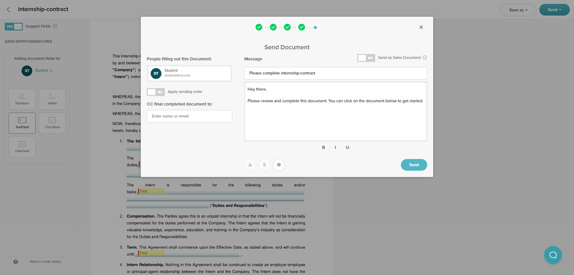SignWell Send Document Screen