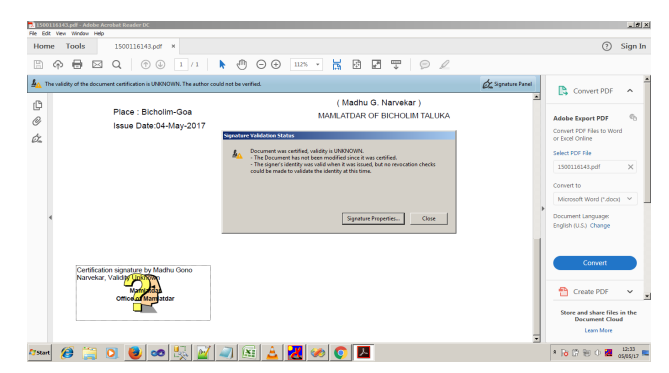 Goa Online PDF Signature Properties Button