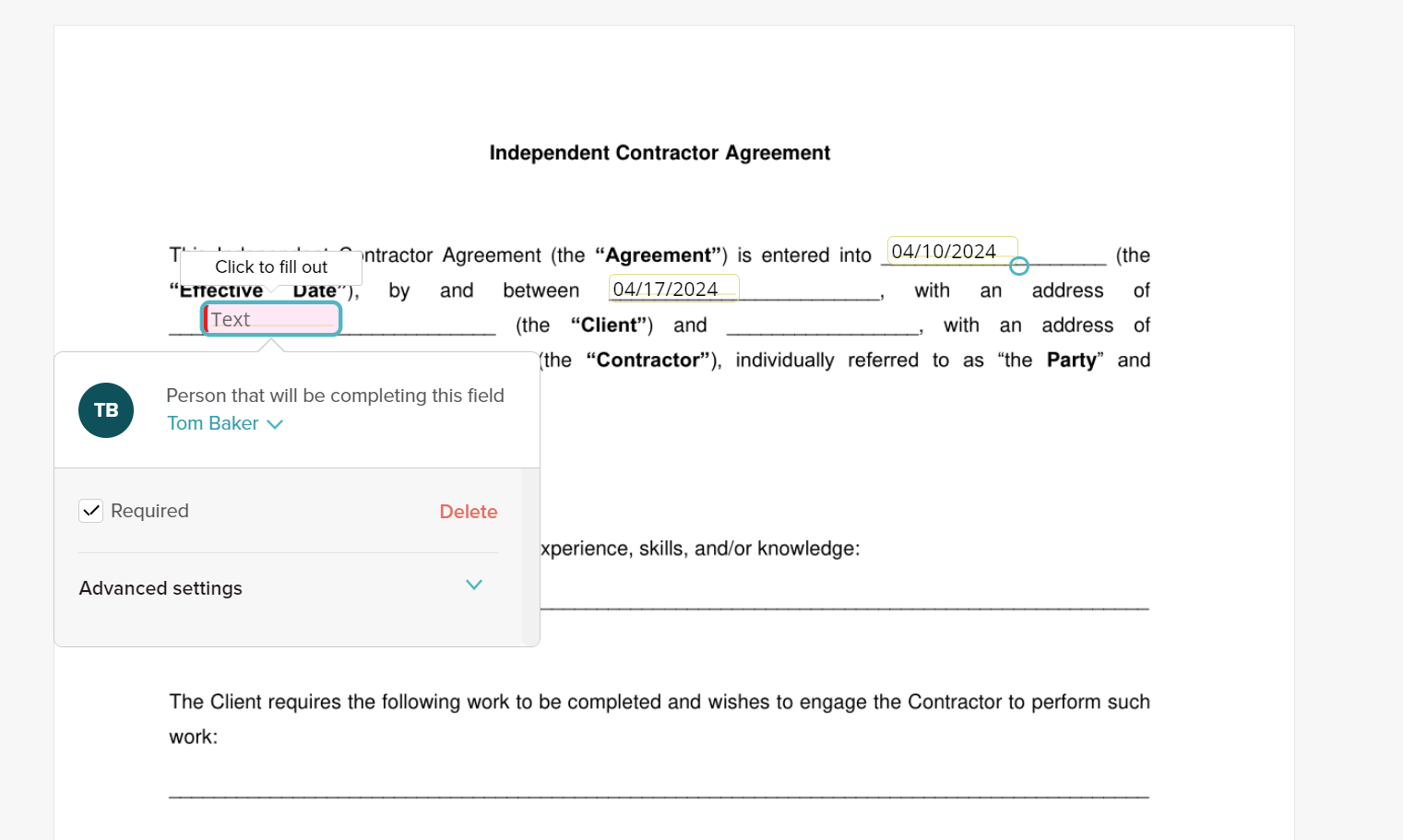 SignWell document setup