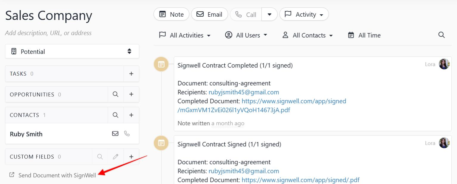 create SignWell documents in Close CRM